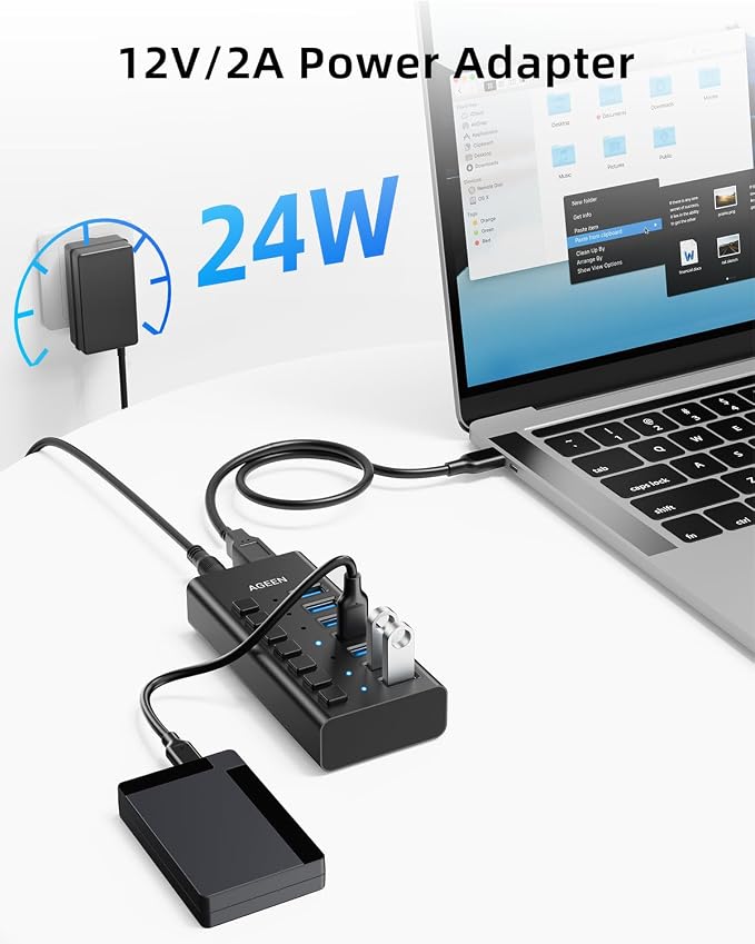 AGEEN 7-Port USB 3.2 Gen 2 Hub, 10Gbps High-Speed Aluminum Powered Hub with 24W Adapter, Individual Switches & Surge Protection for PC/Laptop, Flash Drive, Printer, Camera