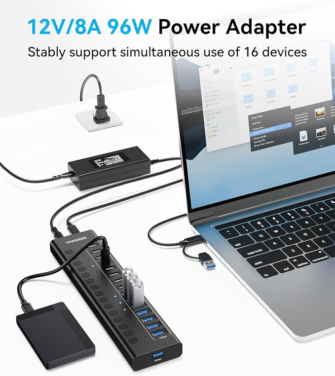 Powered USB Hub 3.2 Gen 2, VANGREE 16 Ports USB Hub (8 USB-A 3.2+8 USB-C 3.2), 10Gbps Aluminum Multiport Expansion Hub with 96W Power Adapter for PC Laptop HDD SSD Flash Drive