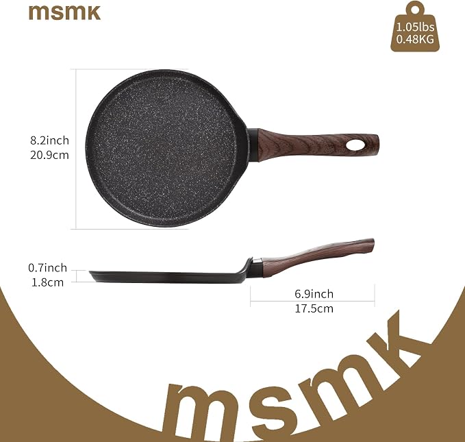 MsMk 8 inch Nonstick Crepe Pan, Ceramic Nonstic Coating Flat Skillet Dosa Tawa Tortilla Pan, Large Pancake with Stay-Cool Handle, Induction Compatible, PFOA Free