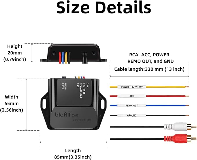 CAR Bluetooth Receiver with RCA Output for Car, Truck & Marine | Bluetooth 5.2, aptX Adaptive HD, 12V 24V compatible, ACC wire required, audio activated remote output, no micphone