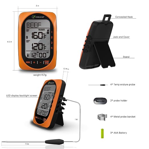 Bluetooth Meat Thermometer Smart Kitchen Thermometers with Timer Mode Temper Mode Digital Instant Read Food ThermometerA Grill Oven Thermometer with 4 Probes for Grill Candy Meat Oven Food Smoker