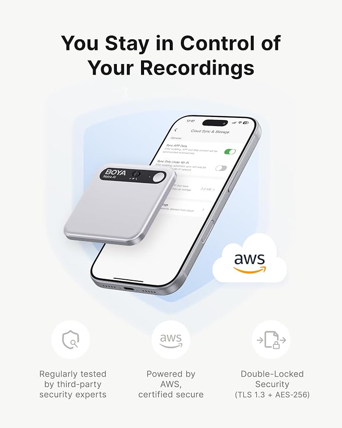 BOYA Notra AI Voice Recorder, Smart Transcription & Summary, App Control, 64GB Storage, Secure Cloud Sync, Supports 140+ Languages, MagSafe-Compatible, Ai Note Taker for Meetings & Interviews, Silver