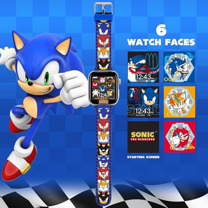 Sonic The Hedgehog Kids Smartwatch – Bluetooth Calling, Messages, Camera, Music, Sleep Tracker, Fitness & Activity Apps – 6 Watch Faces, Touchscreen, USB Rechargeable – Fits Wrists 5.5" to 8"