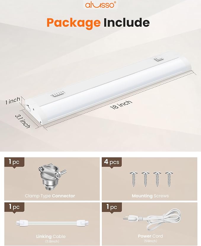 ALUSSO 18 Inch LED Under Cabinet Lighting Hardwired & Plug in 120V, 5CCT Color Selectable 2700K-5000K Dimmable 10W 850LM High Brightness, Strip Linkable Under Counter Lights for Kitchen Sink, 1 Pack