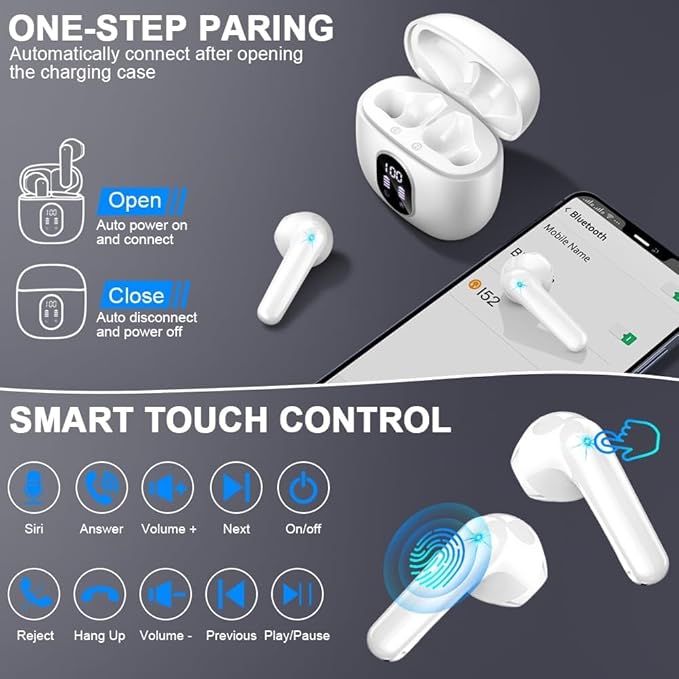 Wireless Earbuds, Bluetooth 5.4 Headphones 50H Playback Bass Stereo Ear Buds with 4 ENC Cancelling Mics, in-Ear Earphones with LED Display, IP7 Waterproof USB-C for Laptop Pad Phones Workout Rose Gold