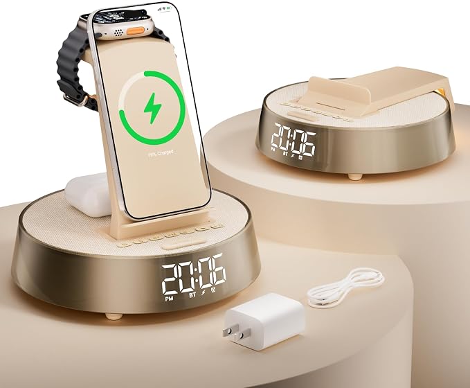 6 in 1 Wireless Charging Station with Alarm Clock, Bluetooth Speaker, FM Radio, Night Light for Bedroom Office, Wireless Charger Dock Station for iPhone 17 16 15 14 13 12 Pro Max,Apple Watch, AirPods