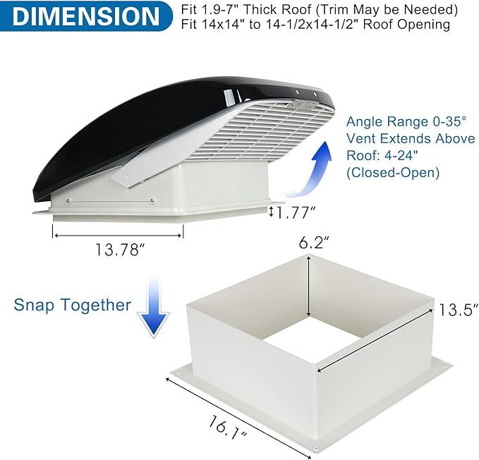 RV Roof Vent Fan with Rain Shield, 12V DC 14" Super Quiet Reliable Manual RV Roof Fan, 3-Speed, Reversible