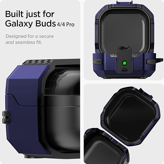 Galaxy Buds 4 Pro/Buds4 Case Cover with Secure Lock Clip, Shockproof Samsung Galaxy Buds 4/4 Pro 2026 Protective Hard Cover Shell with Carabiner&Cleaner kit for Men Women, Black/Blue