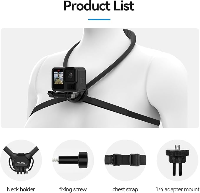 TELESIN Neck Mount SE 2.0 with Air Cushion, Adjustable Chest Strap and Neck Mount for Hands-Free POV Vlogging for GoPro Hero 13/12/11/10/9, Insta 360 X5/X4/Ace Pro 2 / Osmo 360 Nano Action 6/5 Pro/4/3