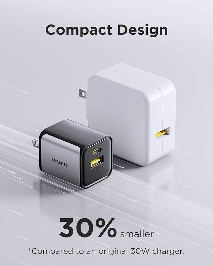 PISEN 2-in-1 Mag-Safe Charger Stand - Wireless Charger Charging Station for Multiple Devices & 30W USB C Charger - 30 Watt Dual Port PD QC 3.0 GaN Charging Block, 30W USB C Wall Charger, 2-Port 30 Wat