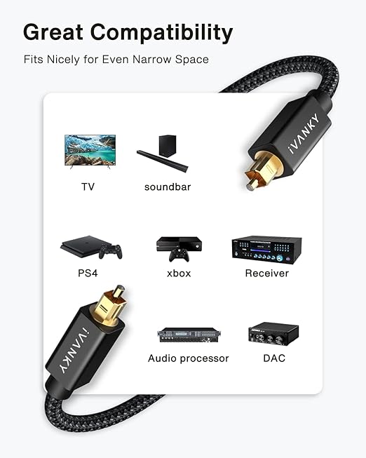 IVANKY Optical Audio Cable 3.3ft/1M, Nylon Braided, 24K Gold-Plated, Slim Metal Case, CL3 Rated, S/PDIF Digital Audio Fiber Optic Cable for Home Theater, Sound Bar, TV, PS4, Xbox, Samsung, Vizio