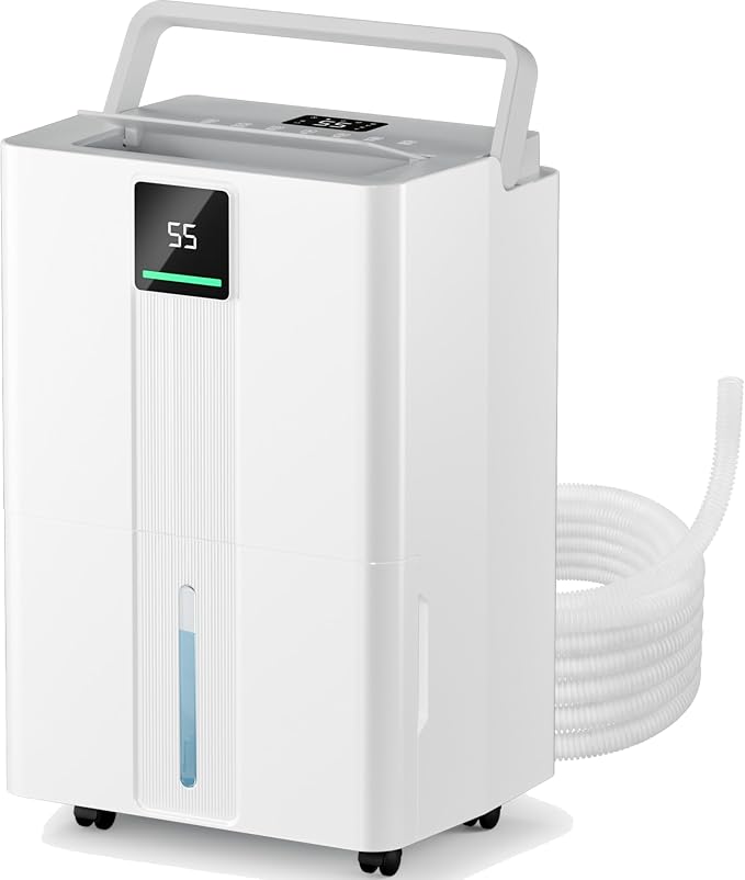 Uthfy 100 Pint Dehumidifier for Home & Basement, 6000sq.ft Dehumidifier with Drain Hose, Detachable Water Tank, Smart Humidity Control, Dual LED Display, Wheels & Handle for Large Room, Off White