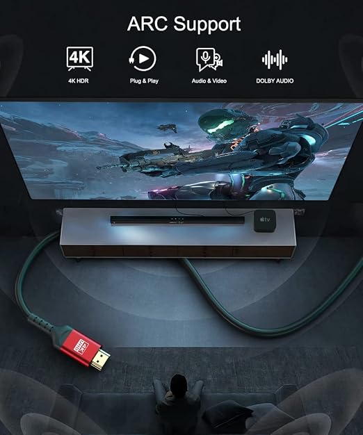 60ft 4K HDMI Cable, CL3 in-Wall Rated High Speed HDMI Cord - Supports 4K UHD @ 30Hz, HDR10, ARC, 3D, HDCP 2.2 - Long Braided HDMI Cable for Projector, Home Theater, Receiver, Laptop to TV