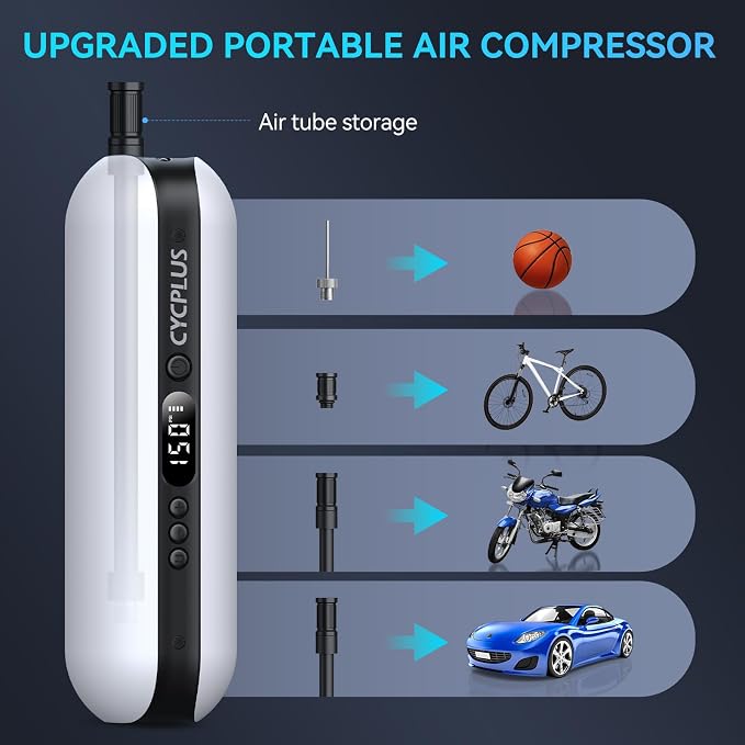 CYCPLUS Electric Air Compressor Portable Bicycle Pump Car Tire Inflator, Max 150 PSI, Auto Shut-Off Air Pump with Presta and Schrader Valves for All Bicycles Motorcycles and Cars