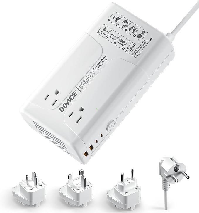 1600W Pure Sine Wave Voltage Converter US to Europe for Hair Dryer Straightener Curling Iron-220V to 110V Converter for European Travel, 6 in1 Power Converter Adapter Combo with UK/AU/EU Plug Adapters