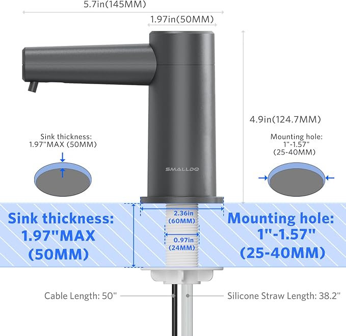 Automatic Sensor-Activated Built-in Foam Soap Dispenser for Kitchen Sinks, Plug-in Power Supply, Includes a 38-inch Silicone Extension Tube. Designed for Kitchens and Bathrooms (Dark Gray)