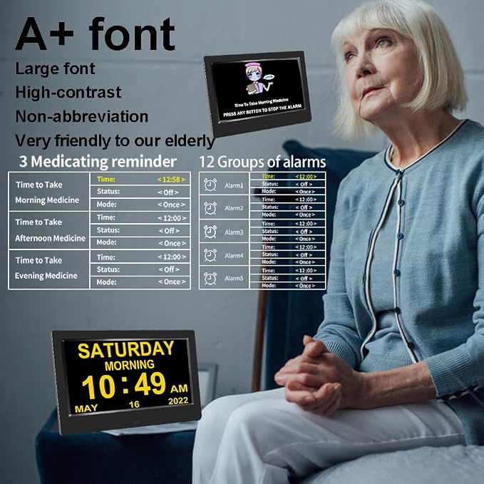 AINFTIME DST Digital Clock with Date and Day of Week for Elderly-12 Alarms Medication Reminder Dementia Alzheimers Clock Calendar with Extra Large Display (10.1 inch Black)