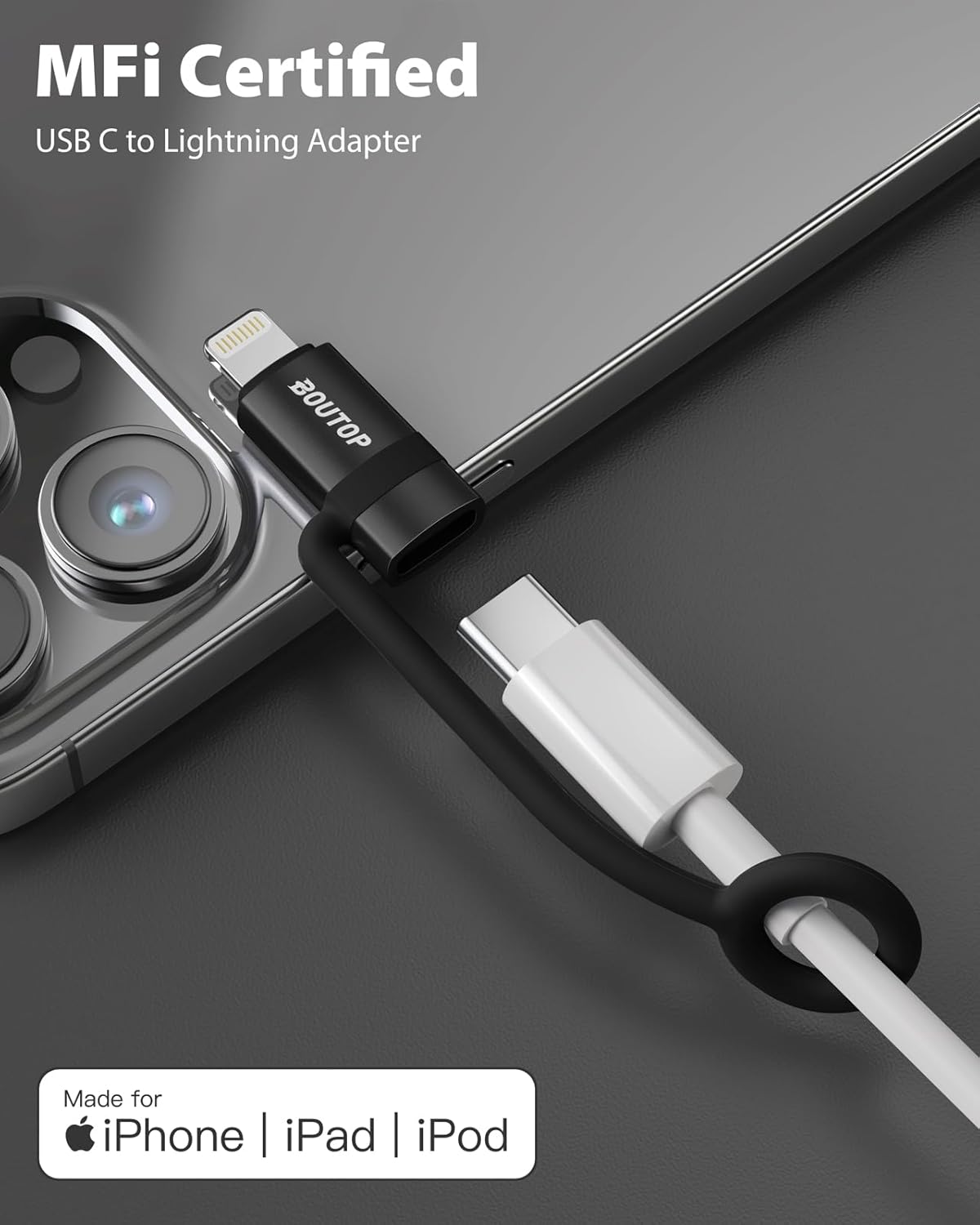 [MFi Certified] 36W USB C to Lightning Cable Adapter, Support Data Sync/PD Fast Charging Compatible with iPhone iPad AirPods, with Anti-Lost Holder - Black 2 Pack