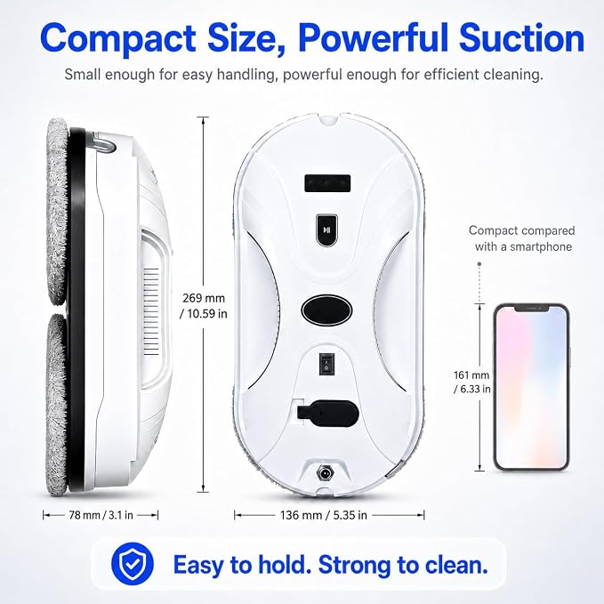 Robotic Window Cleaner with 3-Layer Safety, Smart Z/N Path Navigation, 2800Pa Strong Suction & UPS Anti-Drop, Perfect for High-Rise Windows, Glass Doors, Shower Glass, Gift for Parents
