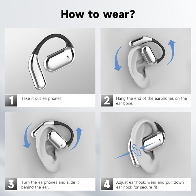 Open Ear Clip Wireless Earbuds Bone Conduction Headphones, Bluetooth 5.4，Built-in Mic, IPX7 Waterproof