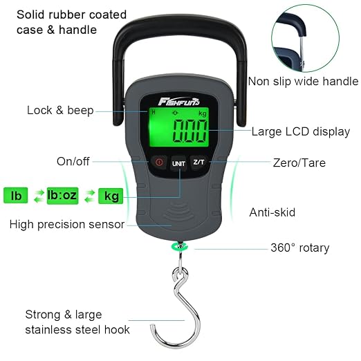 Digital Fish Scale, Electronic Hanging Fish Weight Scale with Large Handle & Measuring Tape, 110lb/50kg Fishing Scale, 3 AAA Batteries Included, Fishing Gifts for Men