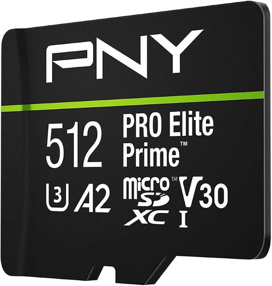 PNY 512GB PRO Elite Prime™ C10 U3 V30 A2 microSDXC Flash Memory Card – Ultra-Fast Speeds, Read 200MB/s, Write 150MB/s, 4K UHD, Full HD, UHS-I, for Smartphones, Drones, Action Cameras