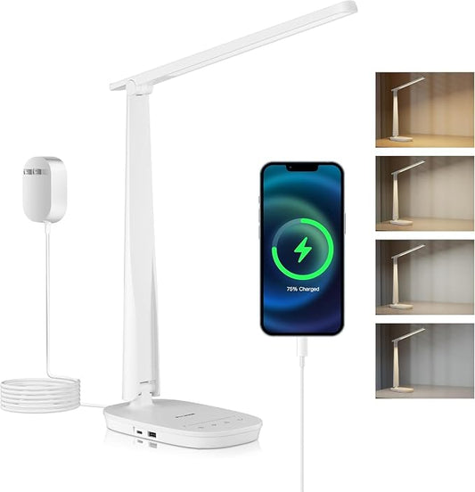 Honeywell HWT-H2 LED Desk Lamp for Home Office, CRI94 Full Spectrum Eye-Caring Light, Dimmable Table Lamp with USB-A & USB-C Charging Ports, Foldable Touch Control Reading Lamp, White