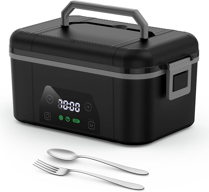 Cordless Heated Lunch Box, Smart Timer Automatic Heating Food Warmer for Adults, 5.5-Cup Portable Electric Lunch Container with Handheld Insulated Bag（Dark Black）