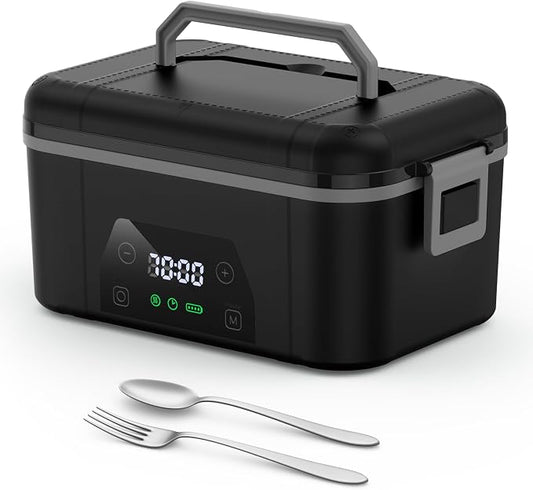 Cordless Heated Lunch Box, Smart Timer Automatic Heating Food Warmer for Adults, 5.5-Cup Portable Electric Lunch Container with Handheld Insulated Bag（Dark Black）