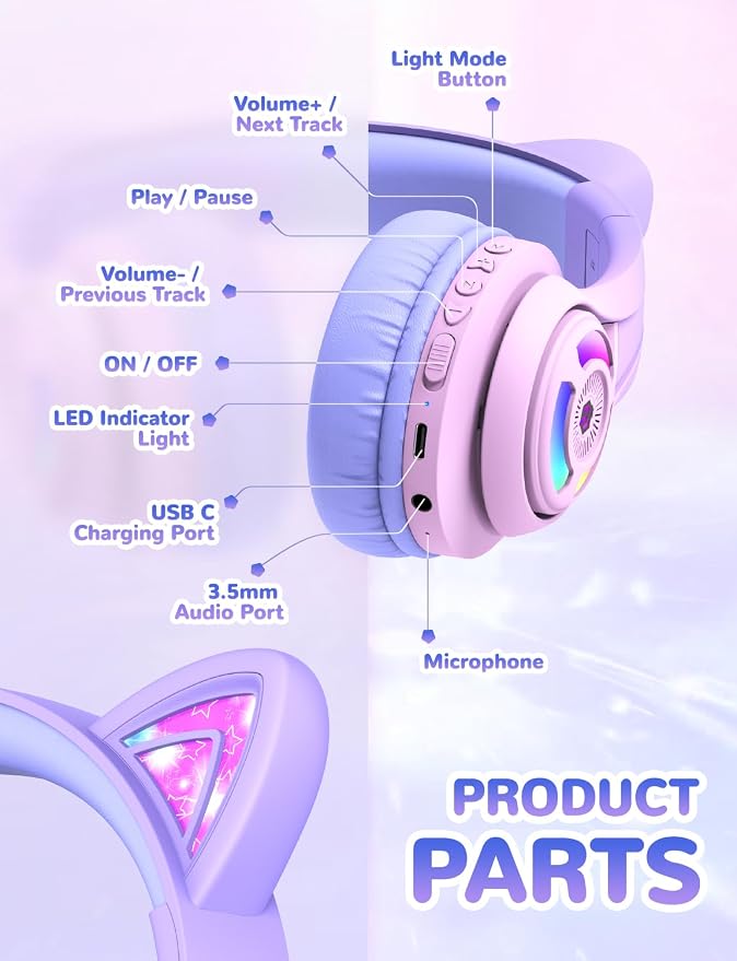 iClever Cat Ear Kids Bluetooth Headphones, LED Lights Up, 74/85dBA Volume Limited, 50H Playtime,Bluetooth 5.2, USB C, Kids Headphones Wireless for Travel iPad Tablet, Meow Macaron-Gradient Pink