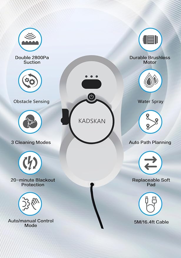 Window Cleaning Robot, Automatic Window Cleaner with Water Spray for Windows/Tiles/Class Door, Inside/Outside, 5600Pa Suction Power, 3.0 Path Planning, Remote Control