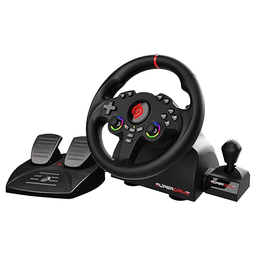 SUBSONIC Superdrive 220RSX Racing Wheel Switch 2/Switch PS4 PC Xbox Series | Steering Wheel, Dual Joysticks, Pedals, Gear Shifter for GTA 6 & Farming Simulator - Vibration, Diameter 22 cm, Rotation 180°