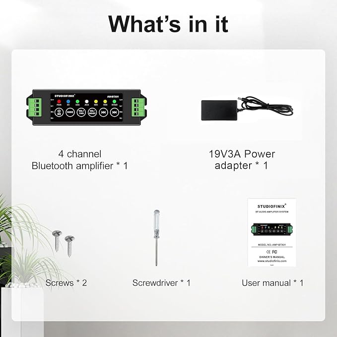 STUODIOFINIX 4-Channel Mini Bluetooth Amplifier 120w for Passive Speakers with TWS,AUX,MIC,USB,Replacement Part,Suitable for Wall/Ceiling/Marine/Bookshelf Speakers