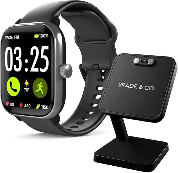 Spade & Co Health Smartwatch 4 Bundle with Charging Dock – Heart Rate, Sleep & SpO2 Monitor, Pedometer, 10+ Day Battery, Answer/Make Calls, IP68 Waterproof, iOS & Android – Black