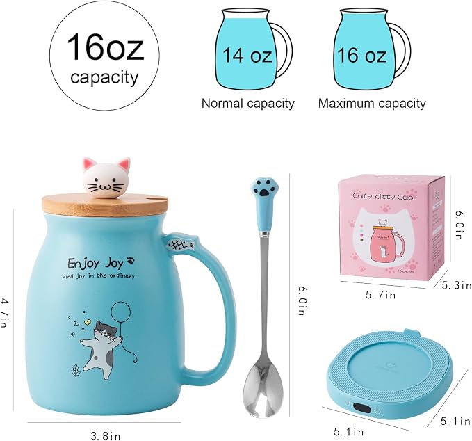 Bsigo Coffee Mug Warmer & Cute Cat Mug Set, Candle Mug Warmer for Home & Office, Electric Smart Coffee Warmer for Desk, Beverage Tea Coffee Cup Warmer with 3-Temp Settings, 8H Auto Shut Off, Blue
