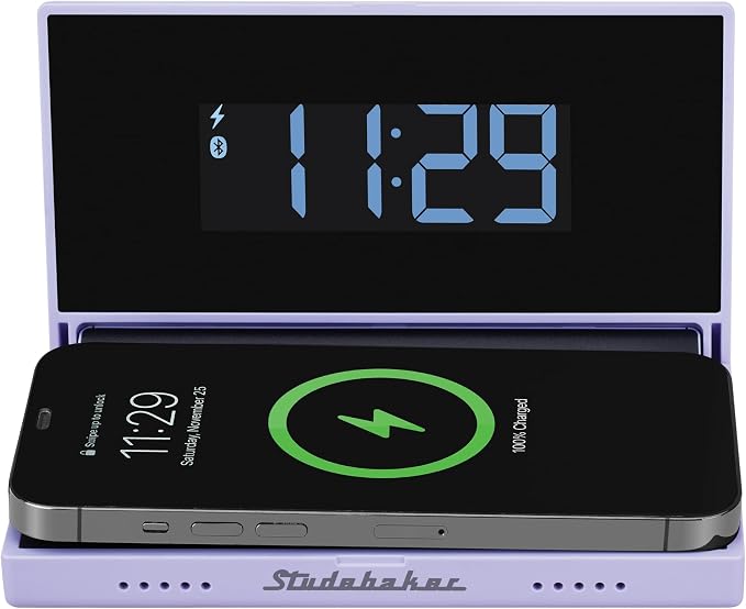 Studebaker Techmate All-in-One: Portable Travel Clock, Wireless & Wired Phone Charger, Bluetooth Speaker, and Power Bank (Lilac)