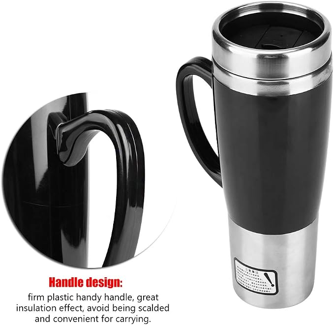 gernie Car Electric Kettle, 12V / 24V 450ml Stainless Steel Heating Cup Portable Car Heated Mug 50W Fast Boiling Electric Coffee Cup with Cigarette Lighter for Winter Travel (Black) (12V)