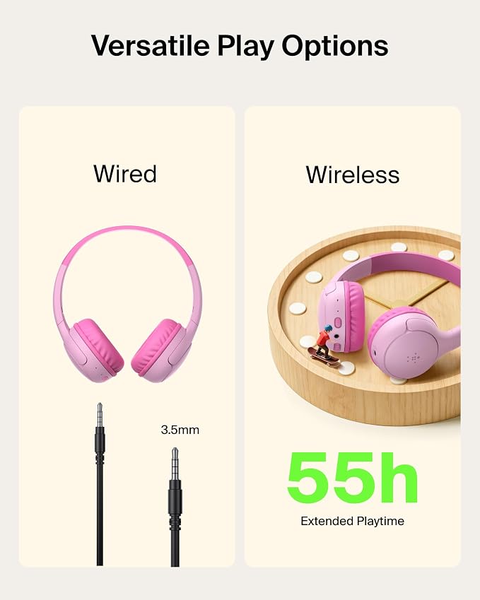 Belkin SoundForm Mini 2 Wireless Kids Bluetooth Headphones - On-Ear Earphones w/ 55H Battery Life, 85dB Safe Volume Limit, Built-in Microphone - Toddler Headphones for iPad, Tablet, School, Travel