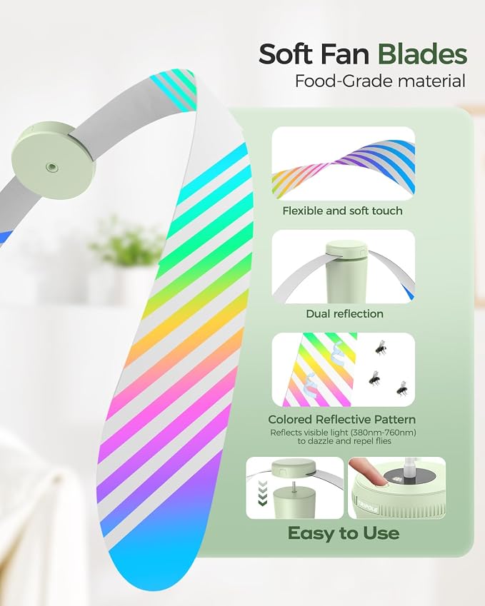 TriPole Fly Fans for Tables, Food Fans 2000mAh Rechargeable Table Fan Portable Fly Spinners with LED Display, 20H Runtime for Outdoor Picnic, BBQ Patio Parties, Camping, Kitchen, 4 Pack (Light Green)