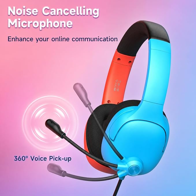 AOC Gaming Headset for Nintendo Switch 2/OLED/Lite, Wired Gaming Headphones with Mic, 3.5mm Stereo Gaming Headset with Noise Cancelling Microphone for PS5, PC, Fortnite(Red/Blue)