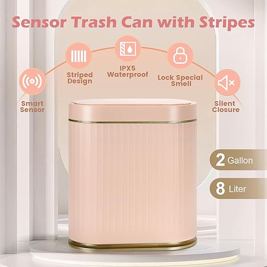 SYNCVIBE Bathroom Sensor Trash Can with Lid Automatic 2 Gallon Motion Sensor Garbage Bin, 7.5 Liter Slim Waterproof Plastic Wastebasket, Bathroom Decor for Bedroom, Office, Living Room, Pink