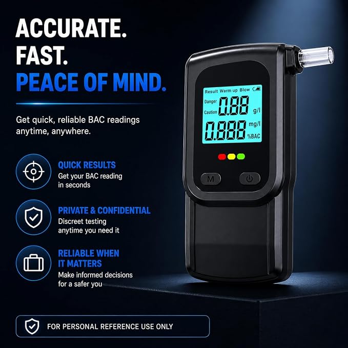 Breathalyzer Alcohol Tester with 20 Mouthpieces, Portable BAC Tester with LCD Display, Personal Alcohol Breathalyzer for Home, Travel, Parties & Quick Alcohol Level Checks Before Driving | Quick BAC Reference Color-Coded Alerts One-Button Use Active Bl...
