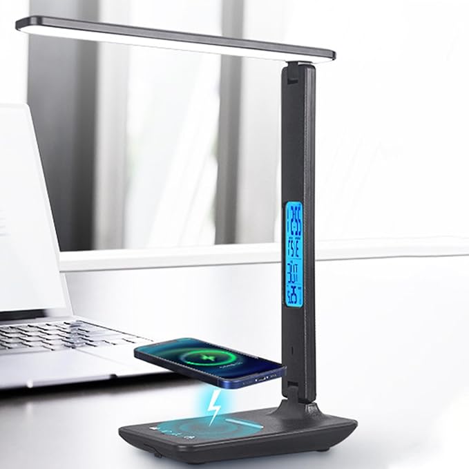Smart Alarm Clock Lamp with Transparent Display,Wireless Charger Station,Dimmable Table Lamp with 3 Color Modes 5 Brightness,180° Flexible Desk Light for Bedroom,T26 Black.
