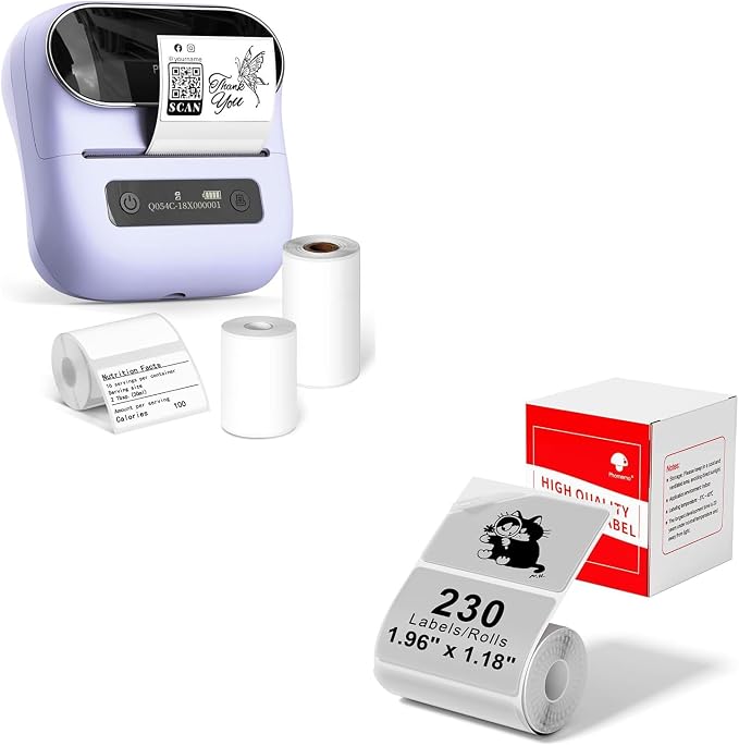 Phomemo M220 Label Maker Purple & 1 Roll Transparent Thermal Label 1.96"x1.18"(50x30mm), Upgrade 3 Inch Barcode Portable Printer, for Office & Small Business, Compatible with Phones&PC