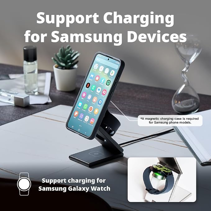 ADAM elements Mag Z 3-in-1 Foldable Travel Charging Station, Magnetic Wireless Charger for iPhone 17-12, Apple Watch, AirPods & Samsung Galaxy Watch, Compact Portable Stand for Desk & Travel (White)