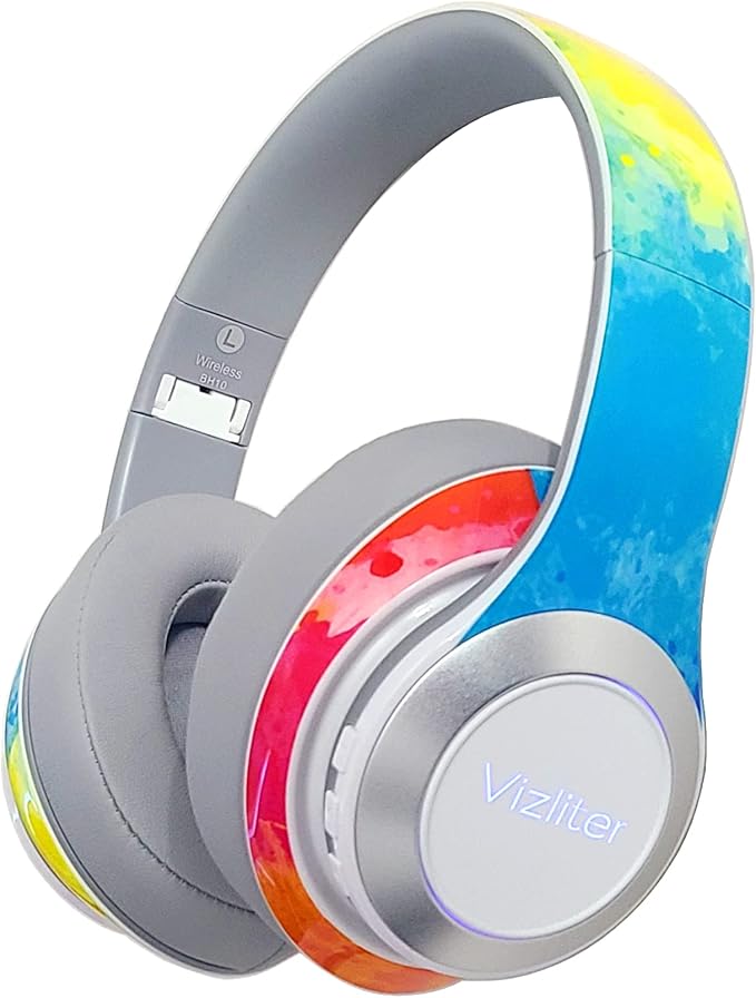 Vizliter Bluetooth Headphones, TWS Deep Bass Wireless Over-Ear Headset 5.0 with Built-in Mic LED Lights, Noise Cancelling Audio Earphones (Prismatic)