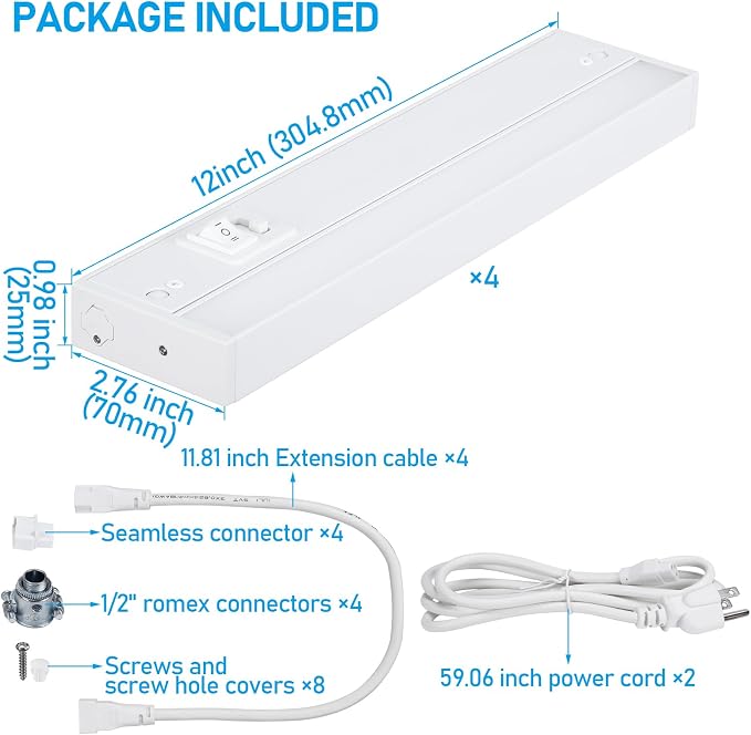 TORCHSTAR 4-Pack 12 Inch LED Under Cabinet Lighting 5CCT, Linkable, ETL T24, 600LM, Hardwired & Plug-in, 5 Color Selectable CRI90 120V Dimmable Under Counter Lights for Kitchen, White Aluminum Housing