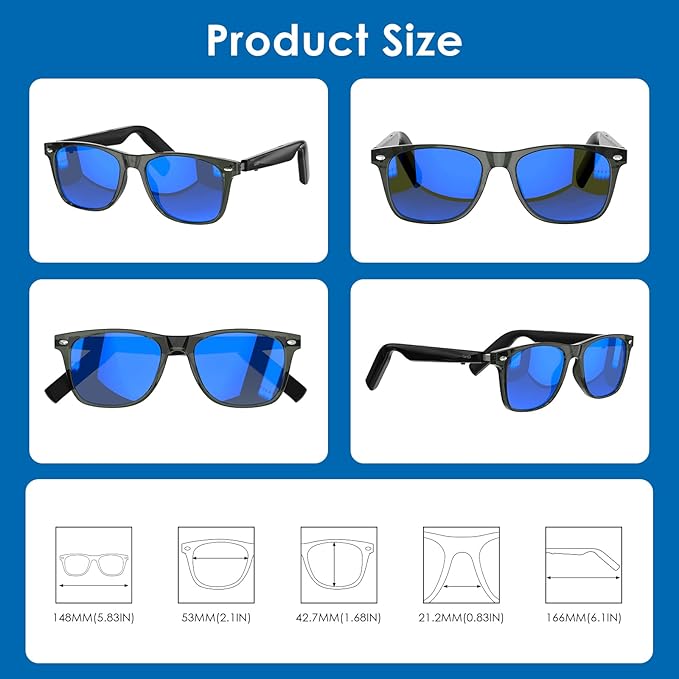 GetD Bluetooth Sunglasses for Men/Women, AI Translator, 11H Battery Life, Polarized Lens, UV Protection, Voice Control, Built-in Mic & Speakers, Smart Eyewear for Gaming Meeting Travel