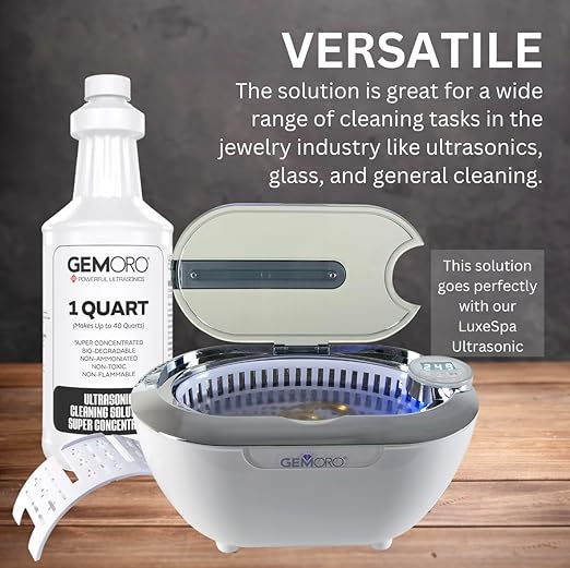 GemOro Jewelry Cleaner Solution Concentrate for Ultrasonic Machines | Professional Performance Liquid Cleans Rings Watches Glasses Earrings & Coins | Compatible with Diamond Gold & Silver (1 Quart)