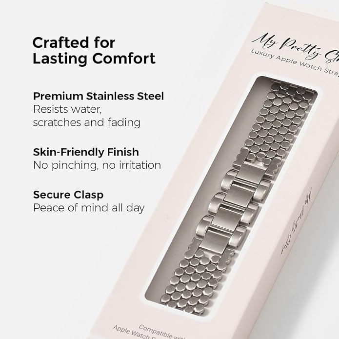 My Pretty Strap - Compatible Apple Watch Band Strap, Stainless Steel Fashion iWatch Replacement Strap- Easy Resizing, No Tool Needed, Fits Most Wrists- Series 1-11, SE and Ultra